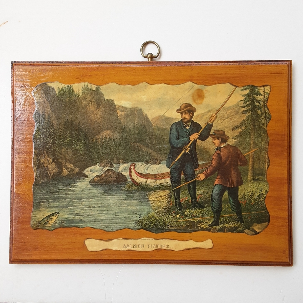 Vintage Wood Mount "Salmon Fishing" Currier & Ives Color Wall Art Print Rustic